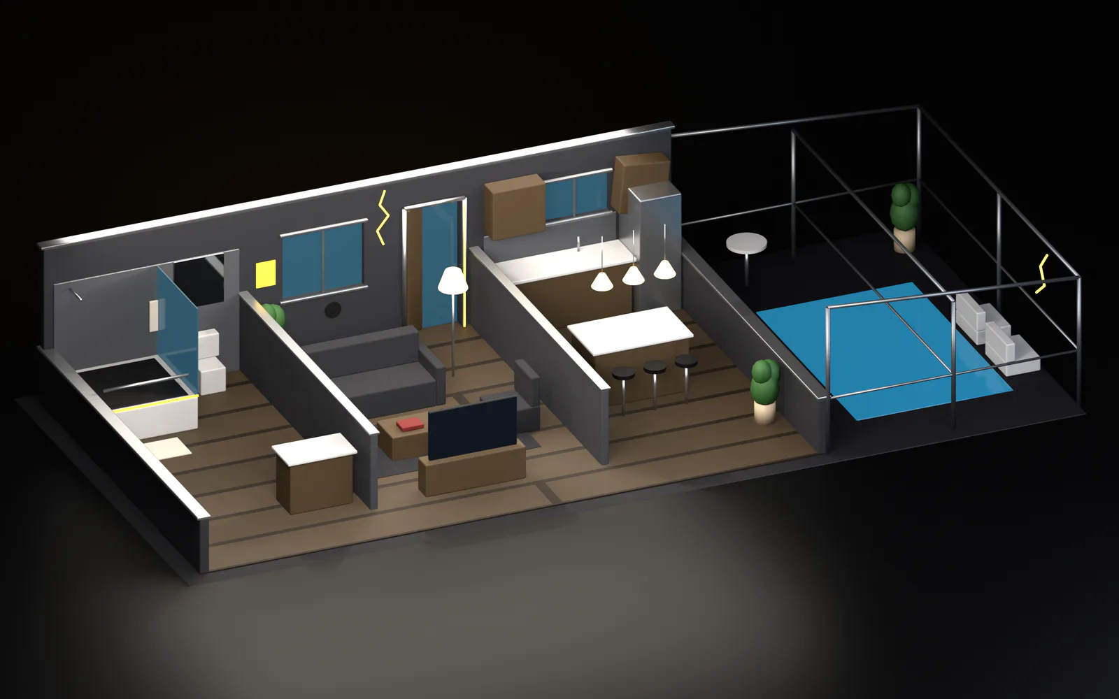 3D cutaway of a Southwest Florida home with a bathroom, living room, kitchen and a screened lanai with a pool