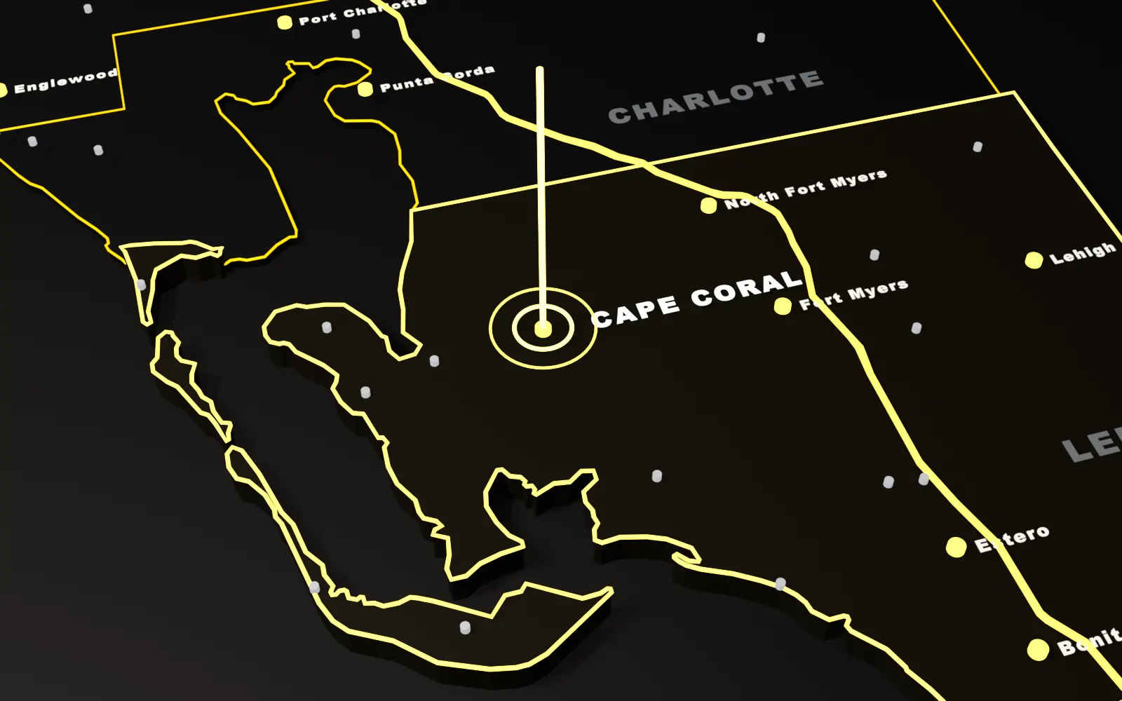 3D map of Cape Coral, Lee County, Florida, with the I-75 and nearby cities