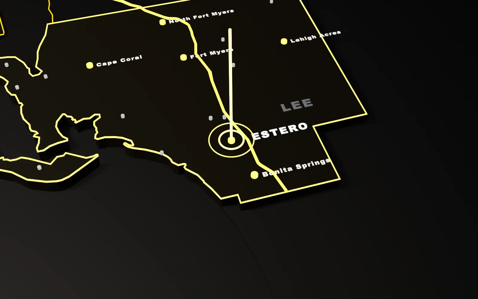3D map of Estero, Lee County, Florida, with the I-75 and nearby cities