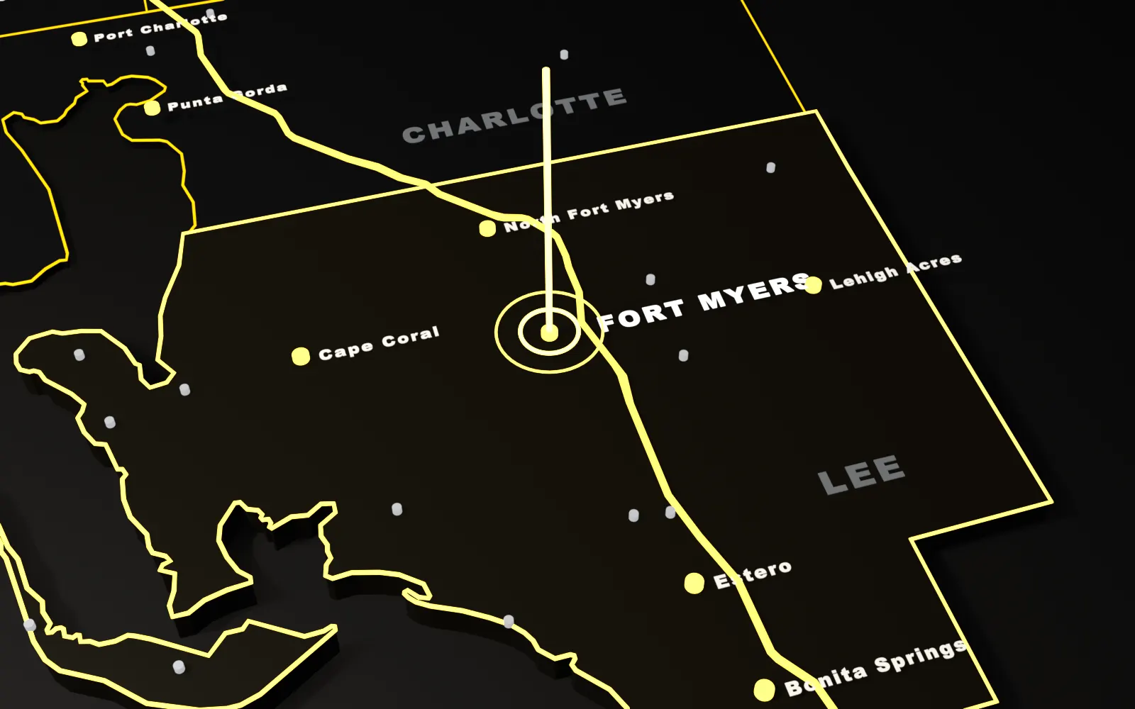 3D map of Fort Myers, Lee County, Florida, with the I-75 and nearby cities