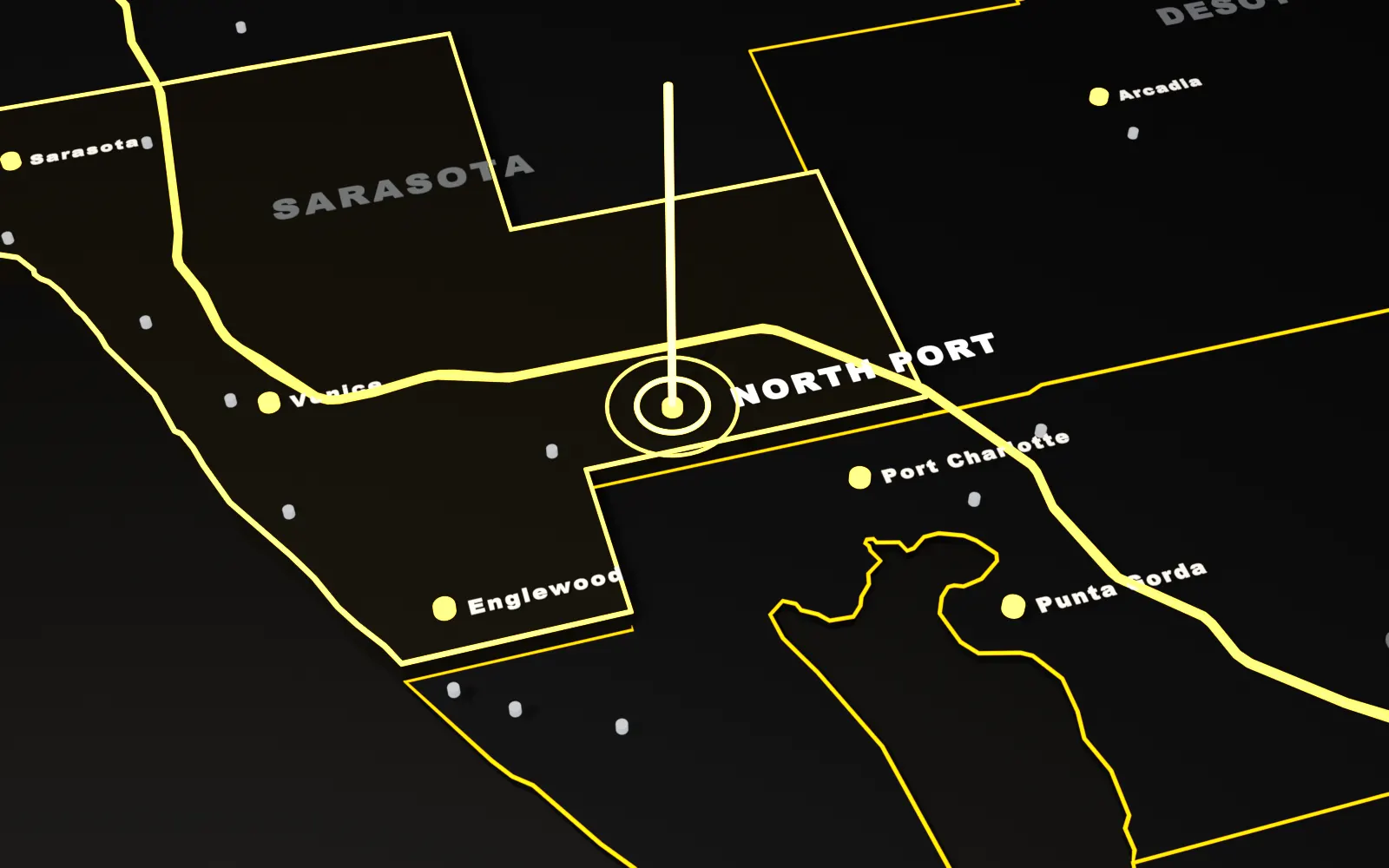 3D map of North Port, Sarasota County, Florida, with the I-75 and nearby cities