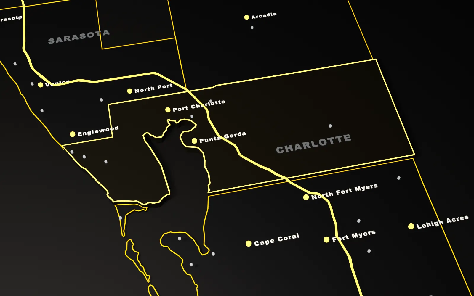 3D map of Charlotte County, Florida, highlighted with its main cities and the I-75
