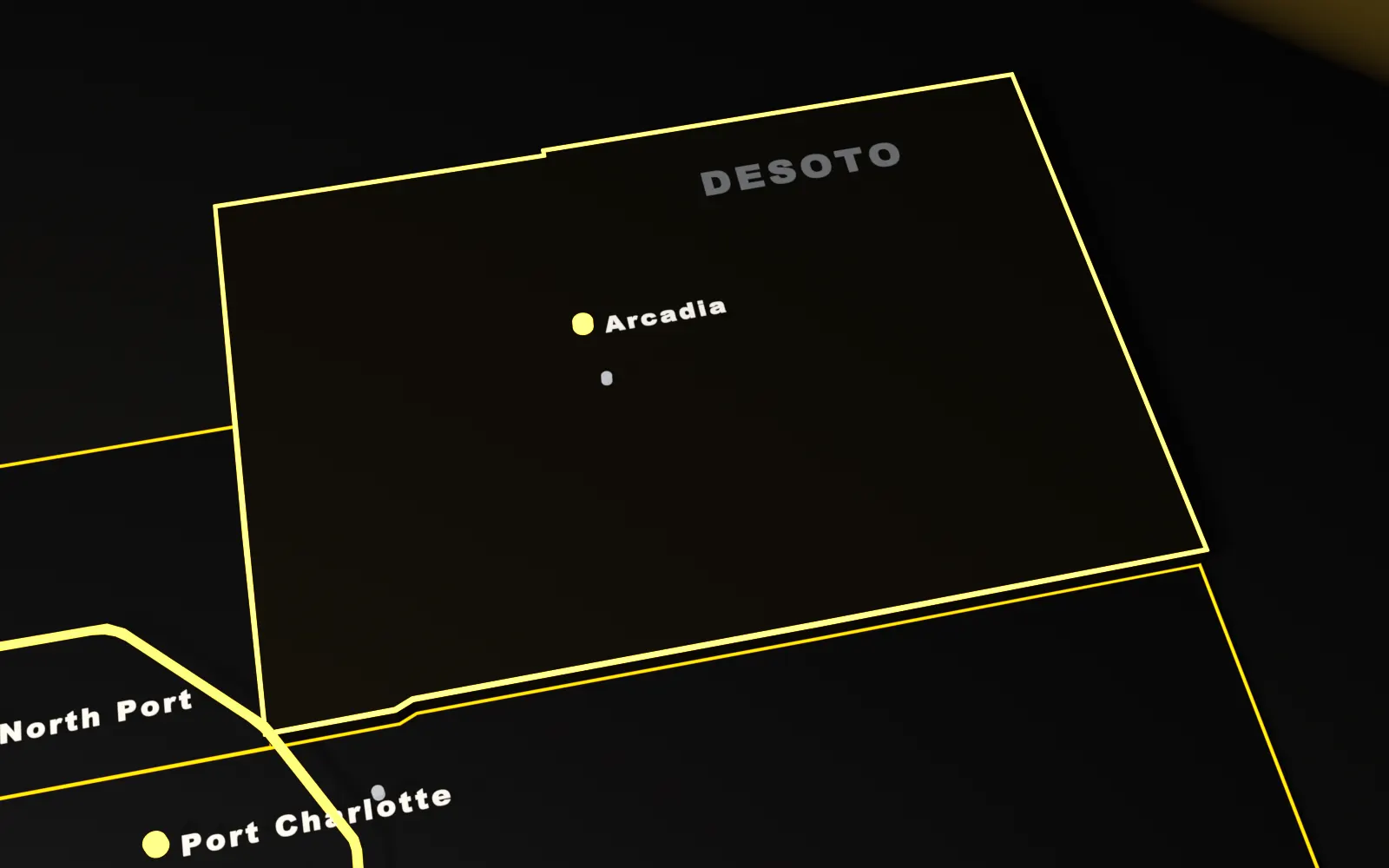 3D map of DeSoto County, Florida, highlighted with its main cities and the I-75