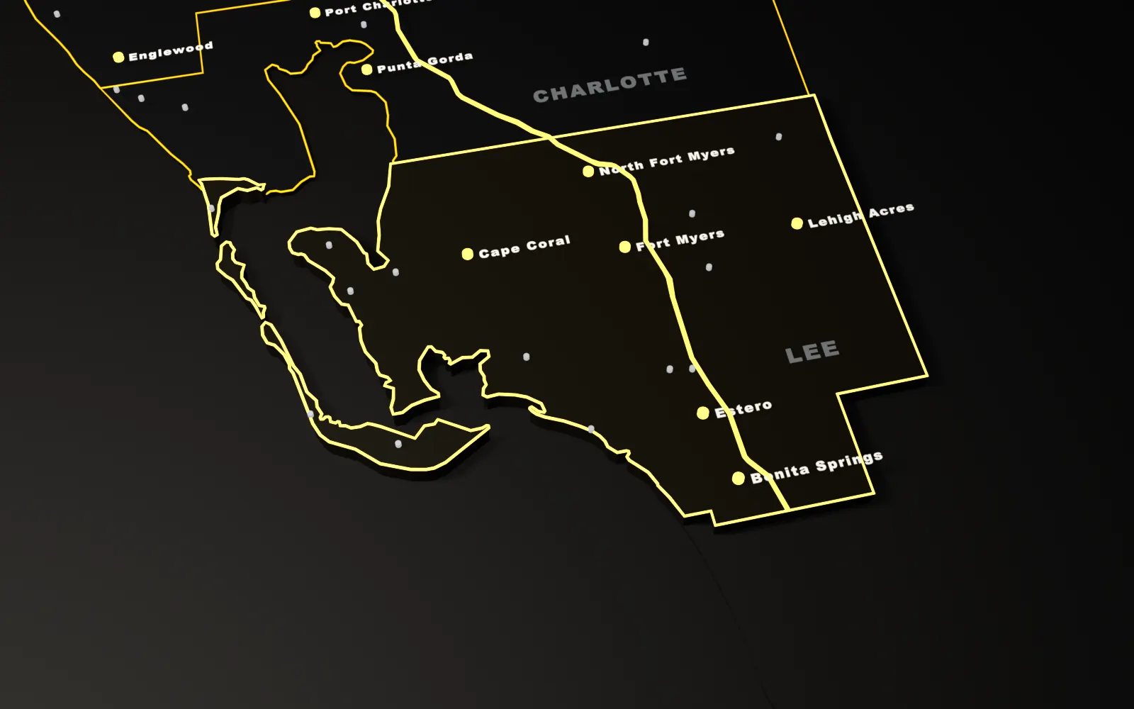 3D map of Lee County, Florida, highlighted with its main cities and the I-75
